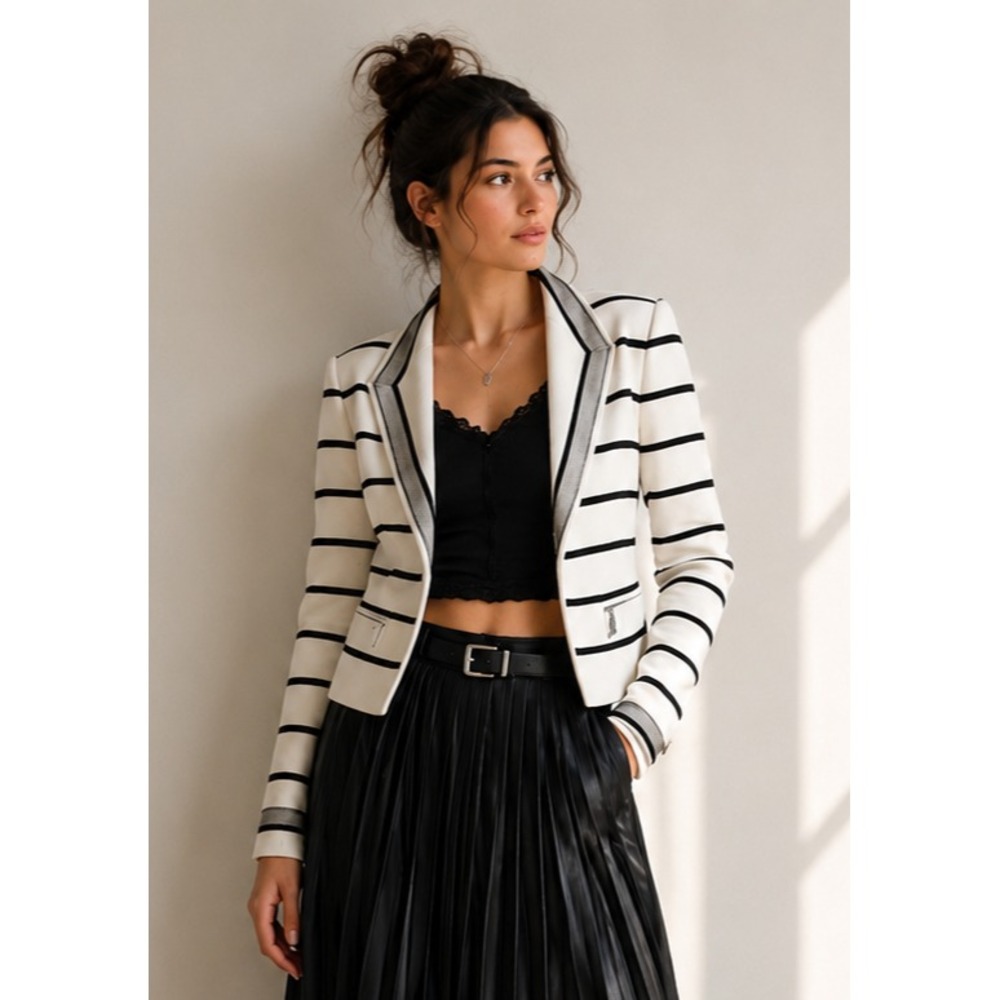 White House Black Market Striped Mesh Trim Blazer White Black Women's Size 4